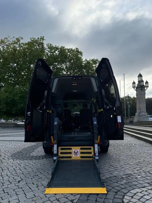 Ein schwarzer Kleinbus mit einem aufgeklappten Rohlstulleinstig